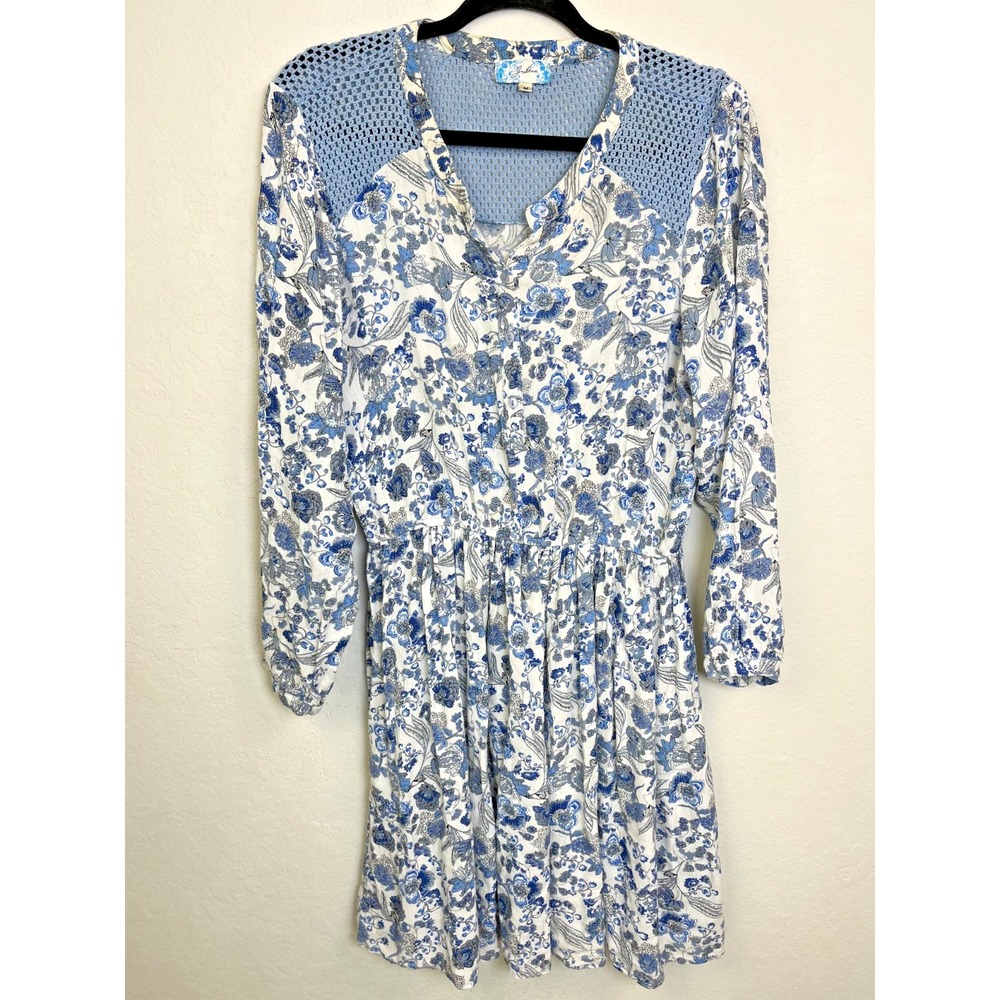 J Gee Medium Boho Blue Floral Crochet‎ Shoulder Dress Peasant Cottagecore Boho